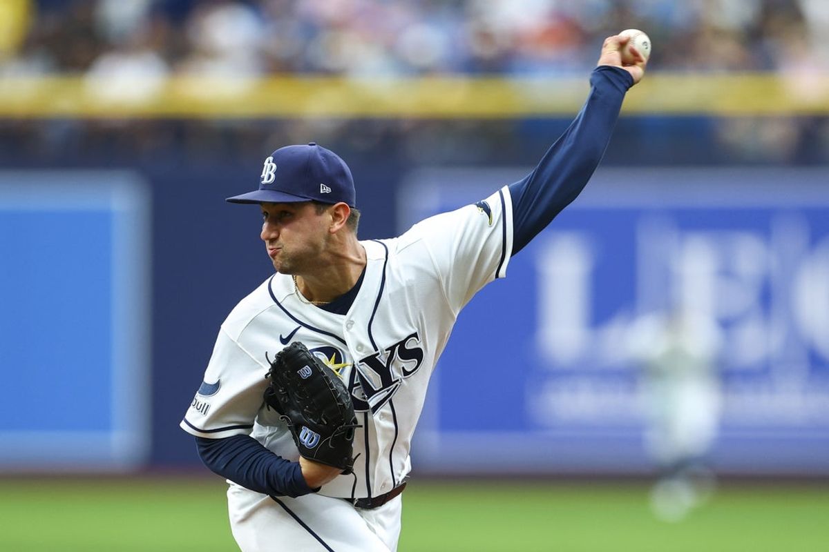 Jul 12, 2026; St. Petersburg, Florida, USA; Tampa Bay Rays starting pitcher Ian Seymour (61) throws a pitch against the Seattle Mariners in the first inning at Tropicana Field. Mandatory Credit: Nathan Ray Seebeck-Imagn Images