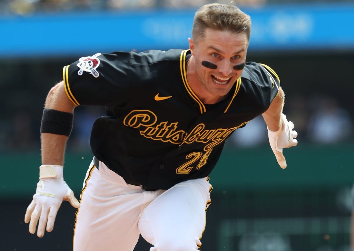 Jul 12, 2026; Pittsburgh, Pennsylvania, USA;  Pittsburgh Pirates center fielder Jake Mangum (28) runs to third base on a triple against the Milwaukee Brewers during the fourth inning at PNC Park. Mandatory Credit: Charles LeClaire-Imagn Images