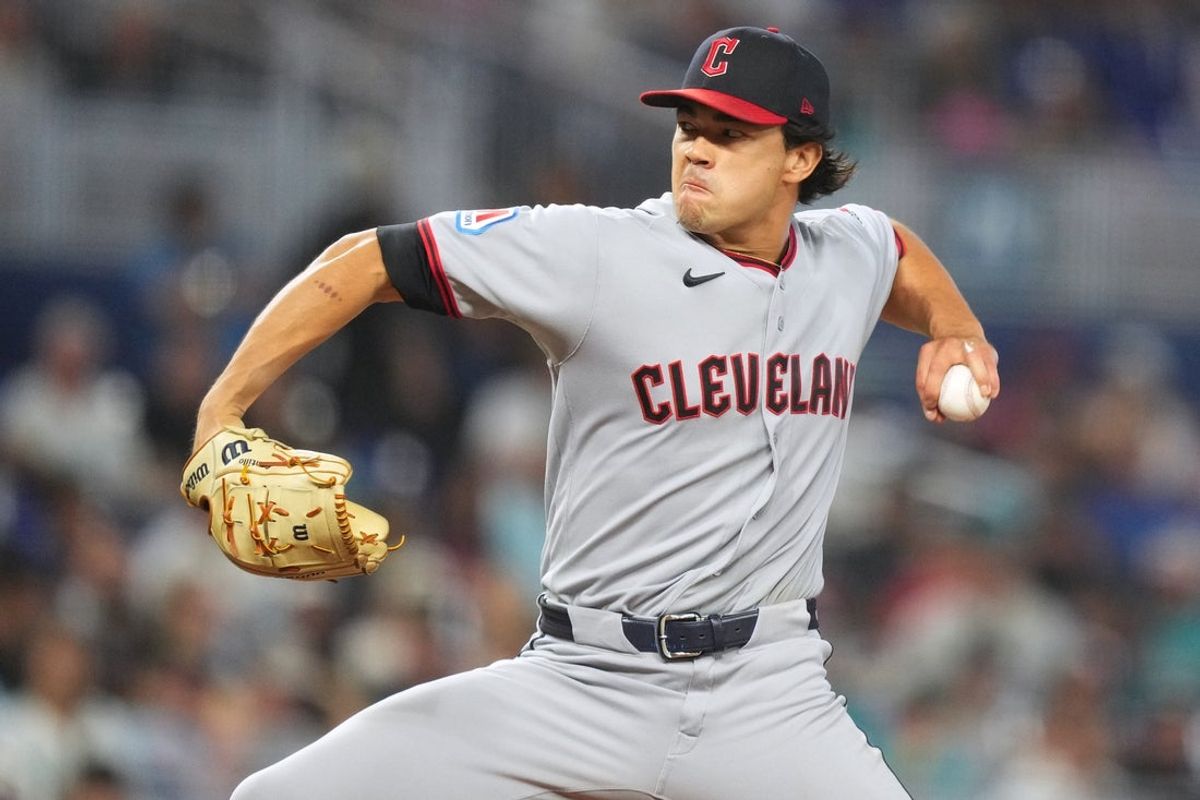 Jul 12, 2026; Miami, Florida, USA;  Cleveland Guardians pitcher Joey Cantillo (54) throws against the Miami Marlins in the first inning at loanDepot Park. Mandatory Credit: Jim Rassol-Imagn Images