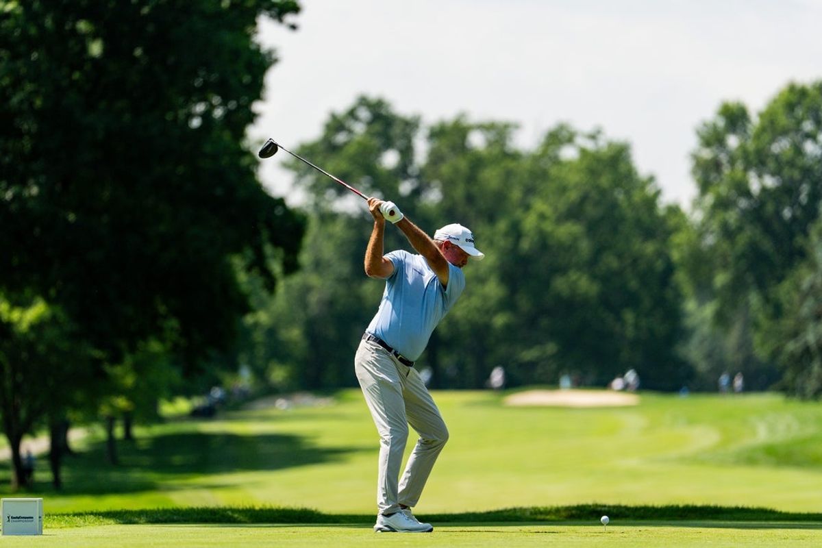 Jerry Kelly drives on hole No. 4 during the Kaulig Companies PGA Championship Final Round, July 12, 2026, at Firestone Country Club in Akron, Ohio.
