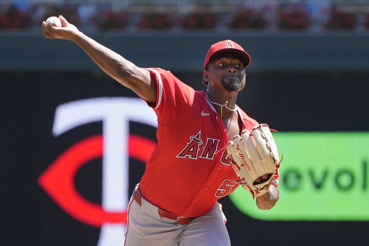 Jul 12, 2026; Minneapolis, Minnesota, USA; Los Angeles Angels starting pitcher Jose Soriano (59) throws to the Minnesota Twins in the first inning at Target Field. Mandatory Credit: Bruce Kluckhohn-Imagn Images