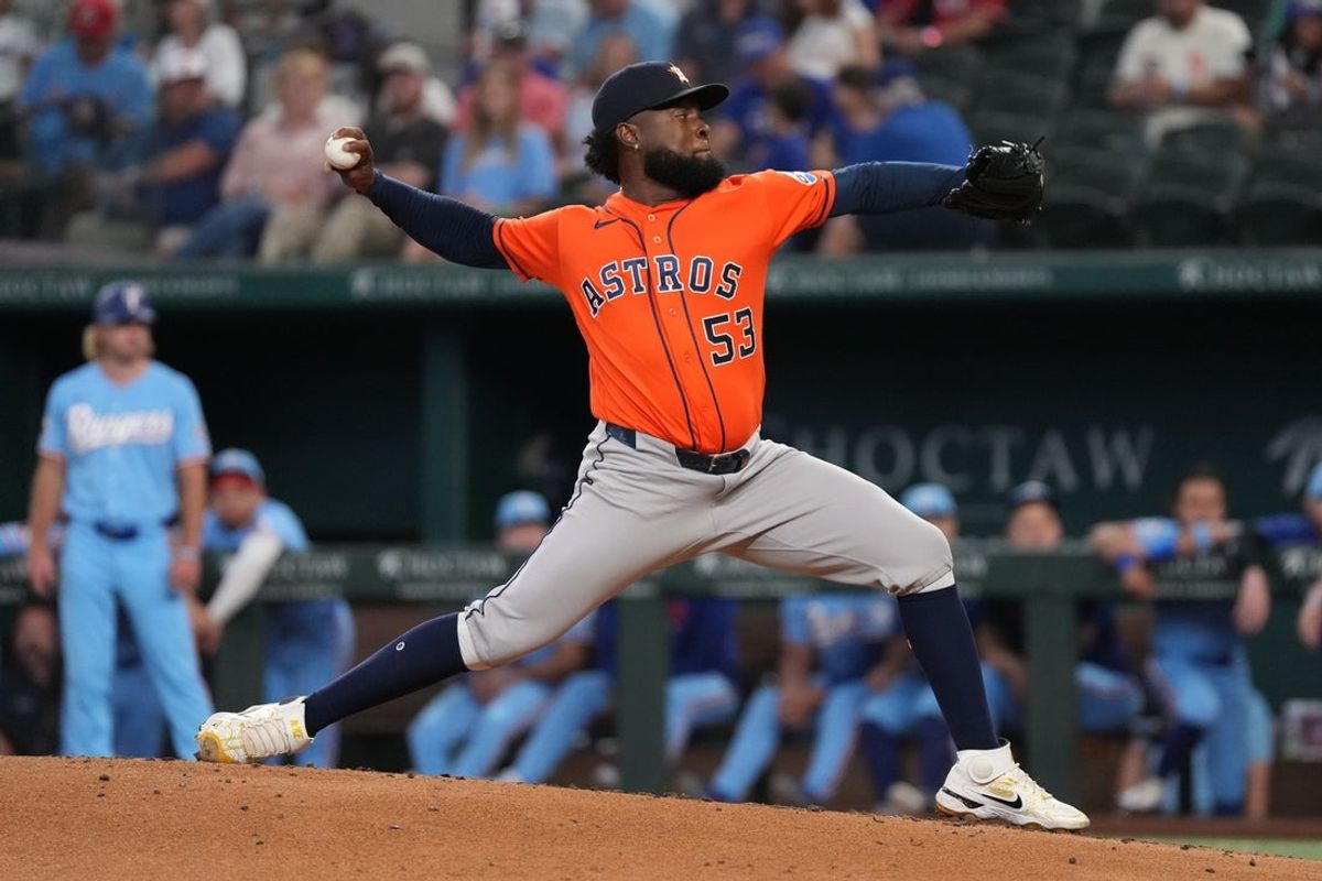 Jul 12, 2026; Arlington, Texas, USA;  Houston Astros pitcher Cristian Javier (53) throws to the plate against the Texas Rangers during the first inning at Globe Life Field. Mandatory Credit: Raymond Carlin III-Imagn Images