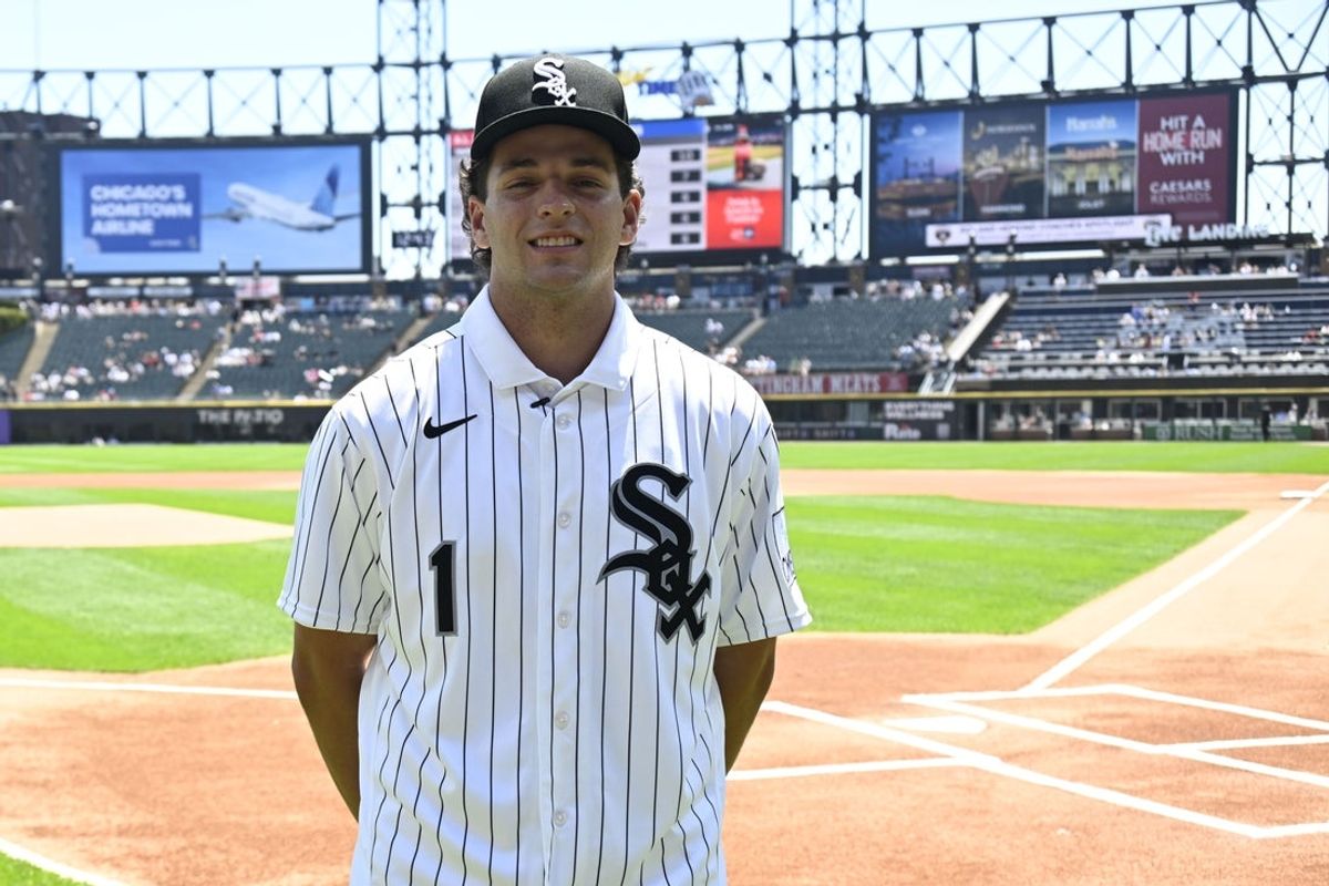 Jul 12, 2026; Chicago, Illinois, USA;  Chicago White Sox number one draft pick Roch Cholowsky poses before the team’s game against the Athletics at Rate Field. Mandatory Credit: Matt Marton-Imagn Images