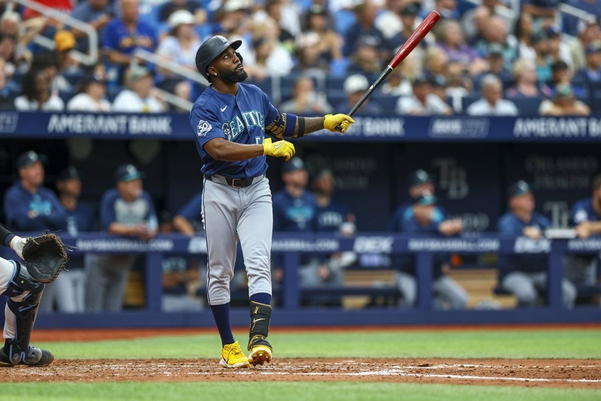 Jul 12, 2026; St. Petersburg, Florida, USA; Seattle Mariners left fielder Randy Arozarena (56) hits a three-run home run against the Tampa Bay Rays in the fourth inning at Tropicana Field. Mandatory Credit: Nathan Ray Seebeck-Imagn Images