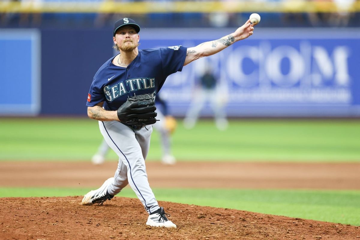Jul 12, 2026; St. Petersburg, Florida, USA; Seattle Mariners pitcher Gabe Speier (55) throws a pitch against the Tampa Bay Rays in the sixth inning at Tropicana Field. Mandatory Credit: Nathan Ray Seebeck-Imagn Images