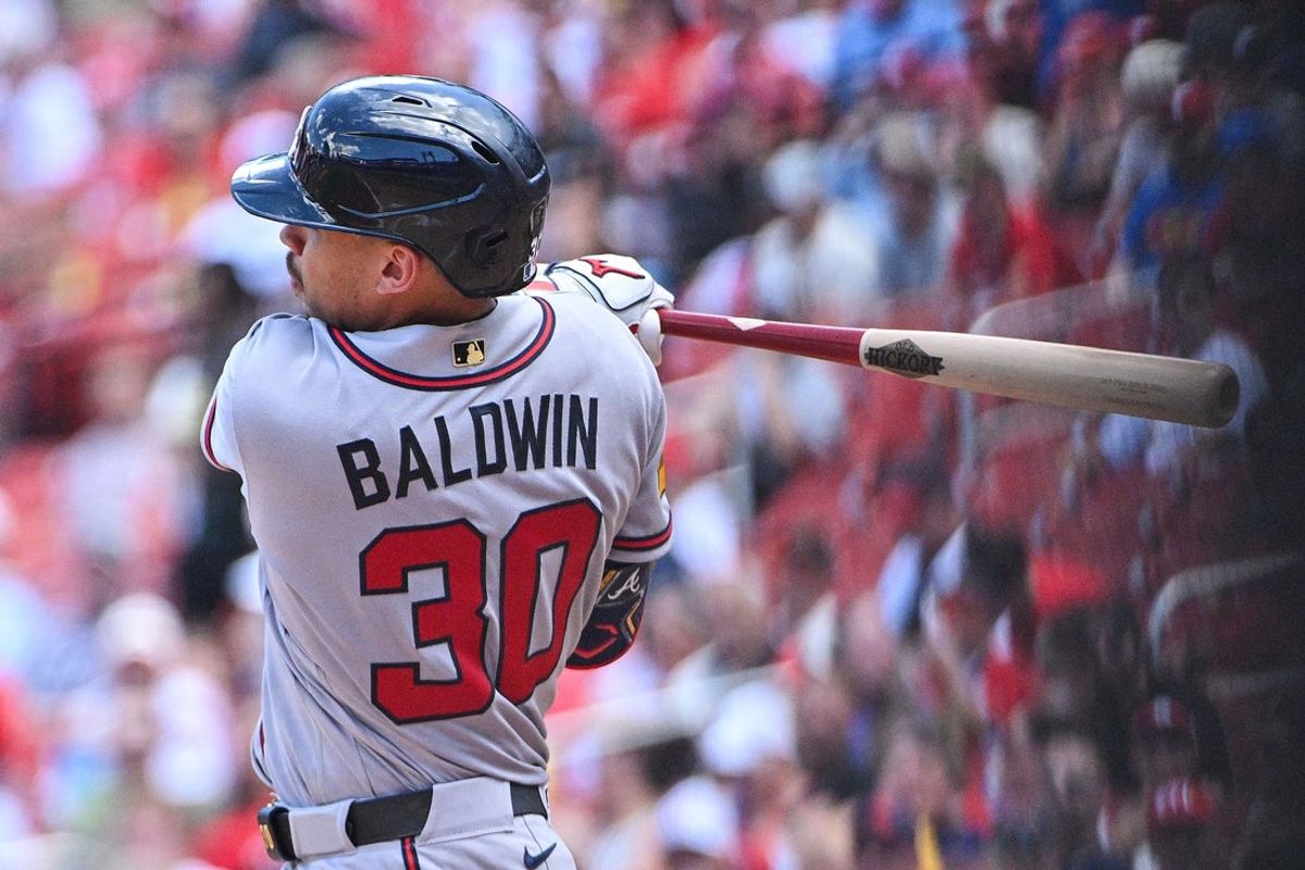 Jul 12, 2026; St. Louis, Missouri, USA; Atlanta Braves catcher Drake Baldwin (30) hits a one run single against the St. Louis Cardinals during the fourth inning at Busch Stadium. Mandatory Credit: Jeff Curry-Imagn Images