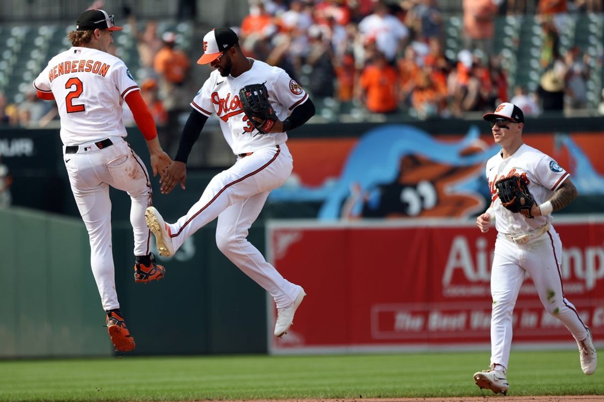 Jul 12, 2026; Baltimore, Maryland, USA; Baltimore Orioles players celebrate after a game against the Kansas City Royals at Oriole Park at Camden Yards. Mandatory Credit: Daniel Kucin Jr.-Imagn Images