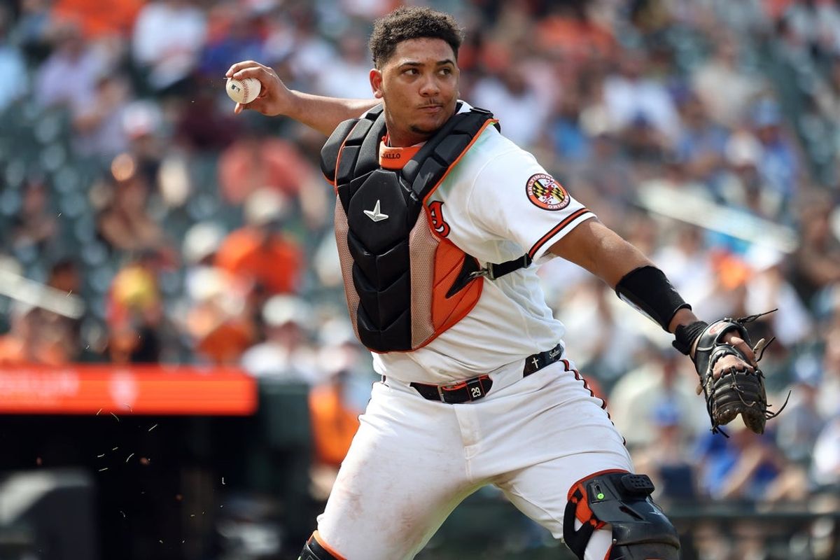 Jul 12, 2026; Baltimore, Maryland, USA; Baltimore Orioles catcher Samuel Basallo (29) throws to first for an out during the seventh inning against the Kansas City Royals at Oriole Park at Camden Yards. Mandatory Credit: Daniel Kucin Jr.-Imagn Images