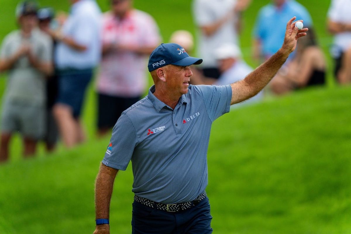 Stewart Cink departs hole No 18. during the Kaulig Companies PGA Championship Final Round, July 12, 2026, at Firestone Country Club in Akron, Ohio.