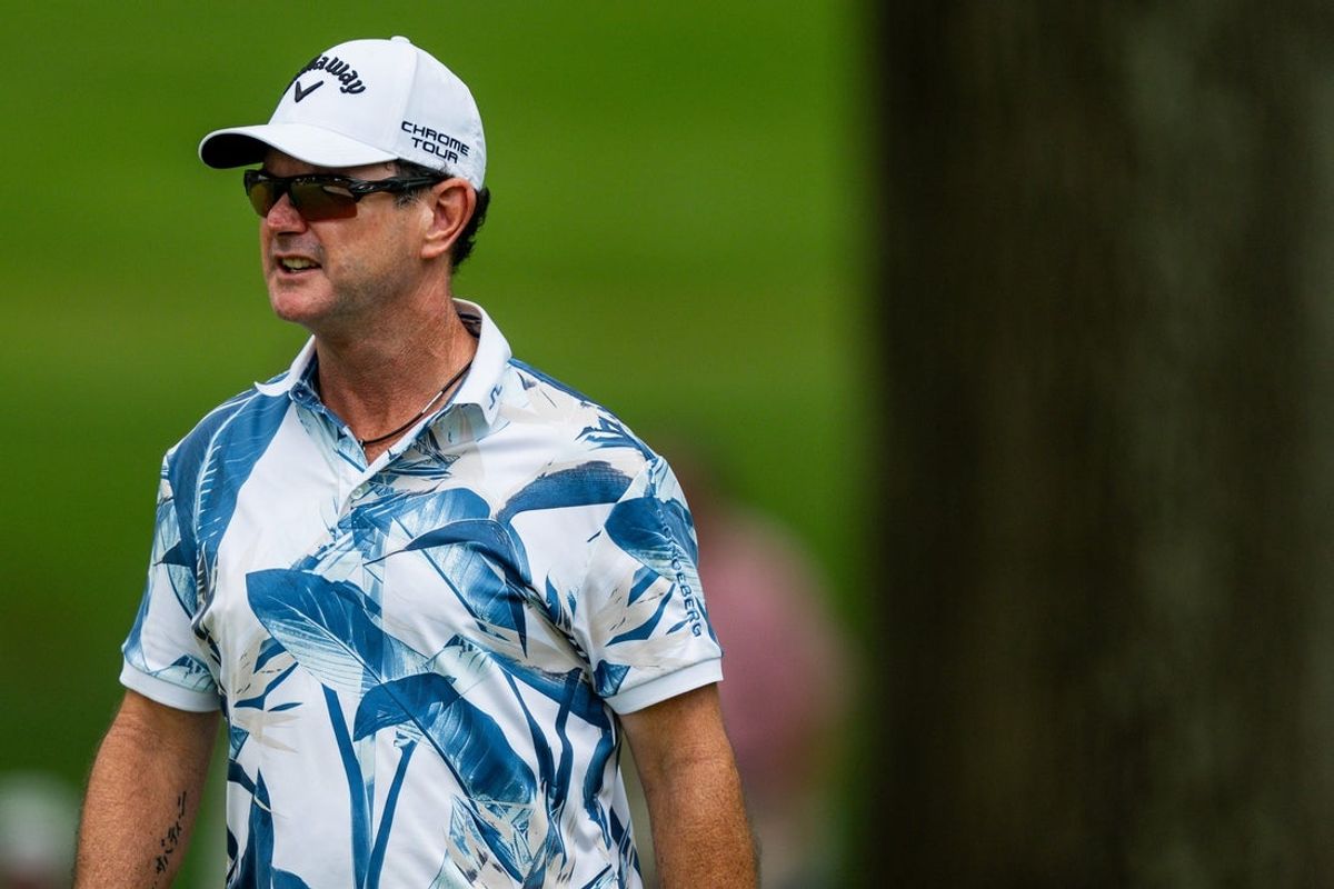Rory Sabbatini approaches the 18th green during the Kaulig Companies PGA Championship Final Round, July 12, 2026, at Firestone Country Club in Akron, Ohio.