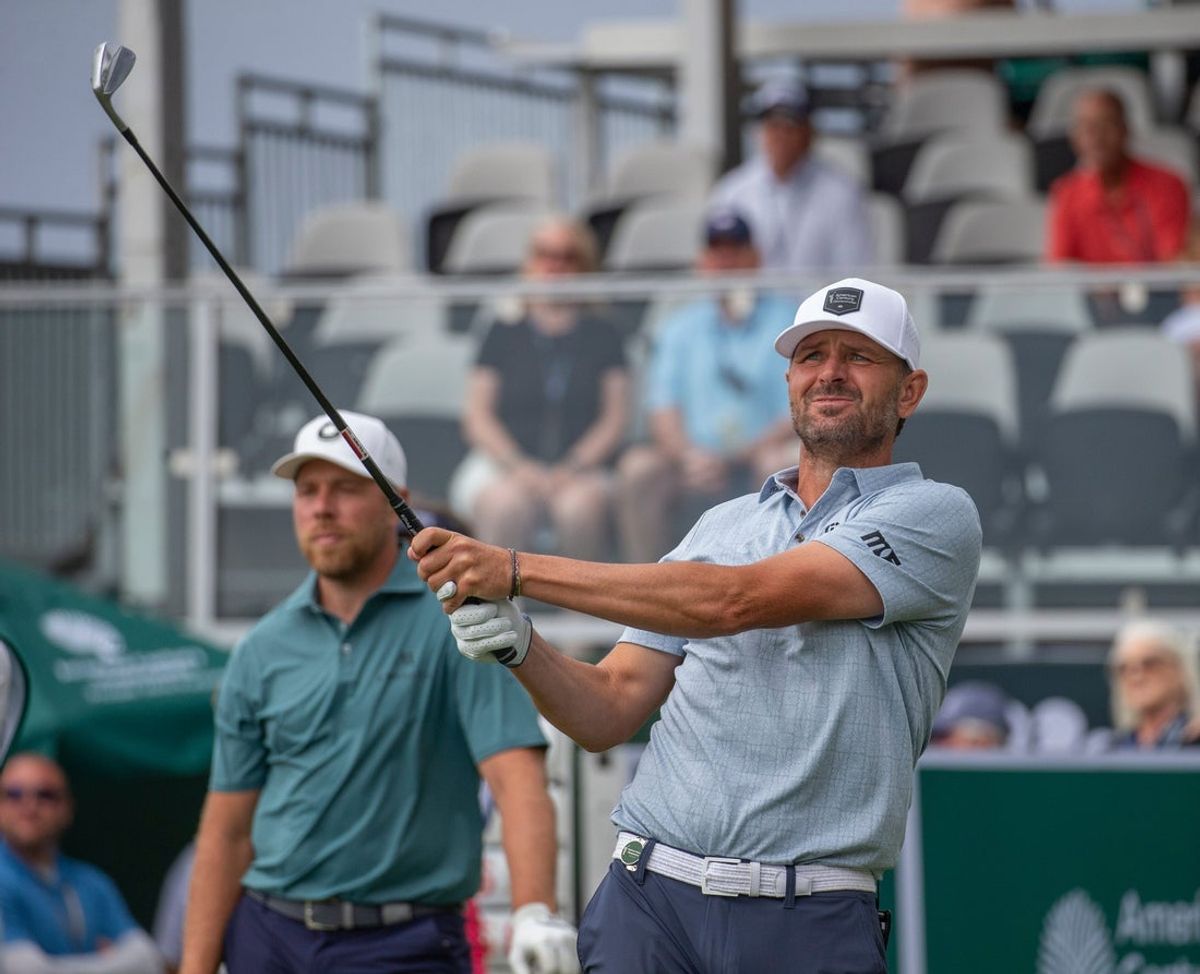 Mardy Fish hits on the 17th hole during the final round of the American Century Celebrity Championship golf tournament at Edgewood Tahoe Golf Course in Stateline, Nev., Sunday, July 12, 2026.