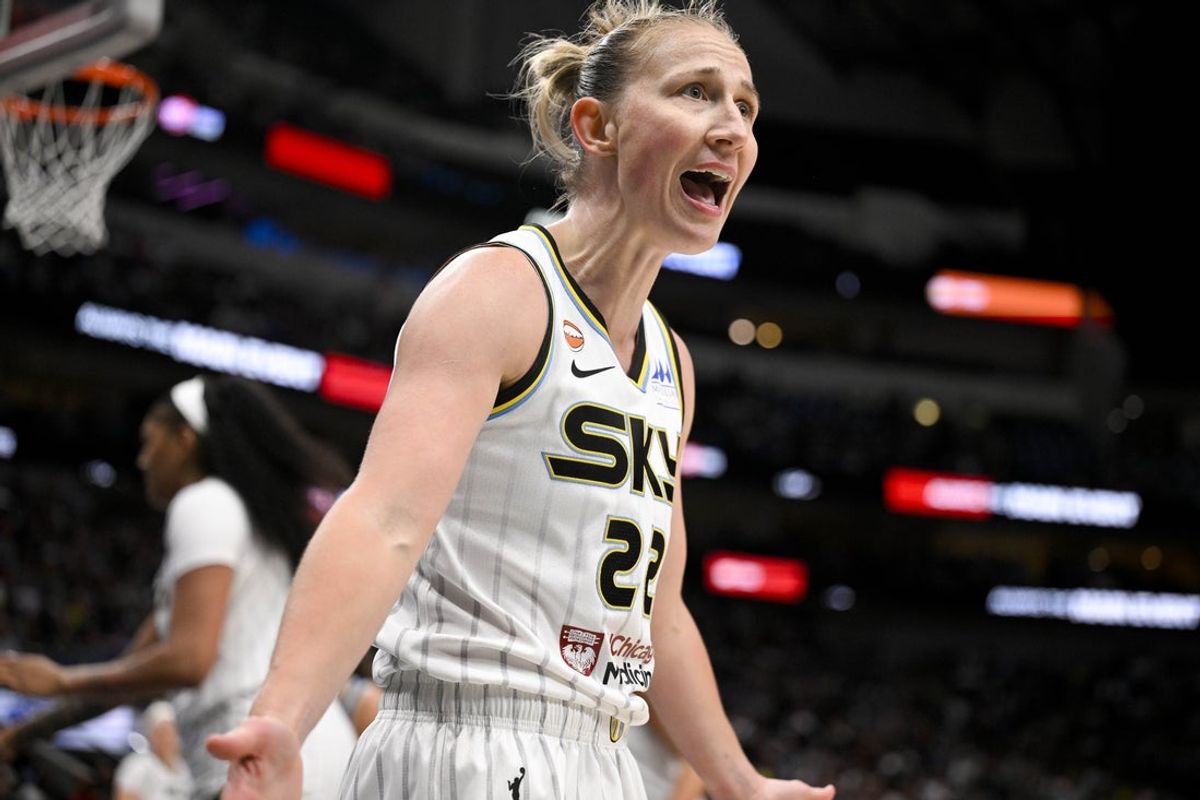 Jul 12, 2026; Dallas, Texas, USA; Chicago Sky guard Courtney Vandersloot (22) reacts during the second half against the Dallas Wings at the American Airlines Center. Mandatory Credit: Jerome Miron-Imagn Images