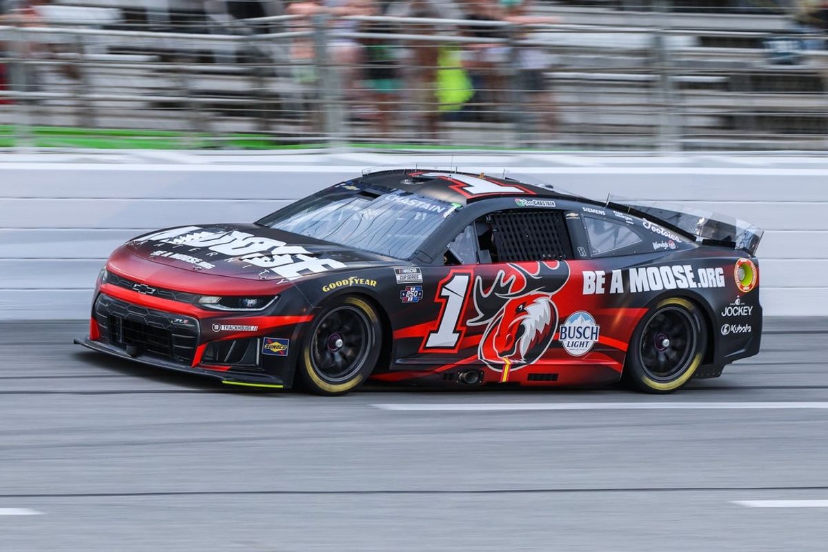 Jul 12, 2026; Hampton, Georgia, USA; Moose Fraternity driver Ross Chastain (1) races during the Quaker State 400 at EchoPark Speedway. Mandatory Credit: Jordan Godfree-Imagn Images