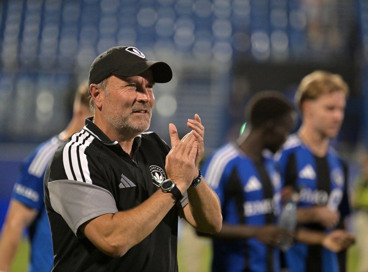 Jul 12, 2026; Montreal, QC, CAN; CF Montreal interim coach Philippe Eullaffroy celebrates the win against Vancouver FC during the Canadian Championship Quarterfinals at Stade Saputo. Mandatory Credit: Eric Bolte-Imagn Images