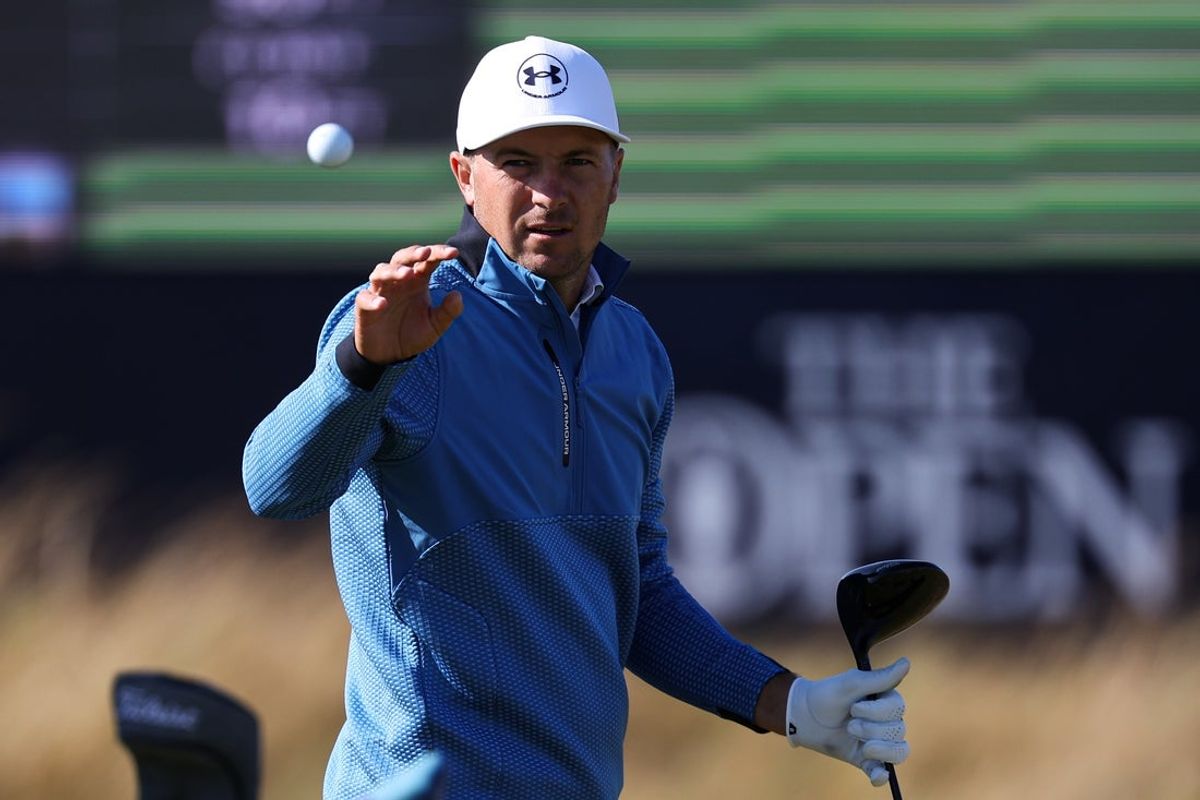 Jul 13, 2026; Southport, England; Jordan Spieth on the driving range during a practice round for The Open Championship golf tournament at Royal Birkdale. Mandatory Credit: Bill Streicher-Imagn Images