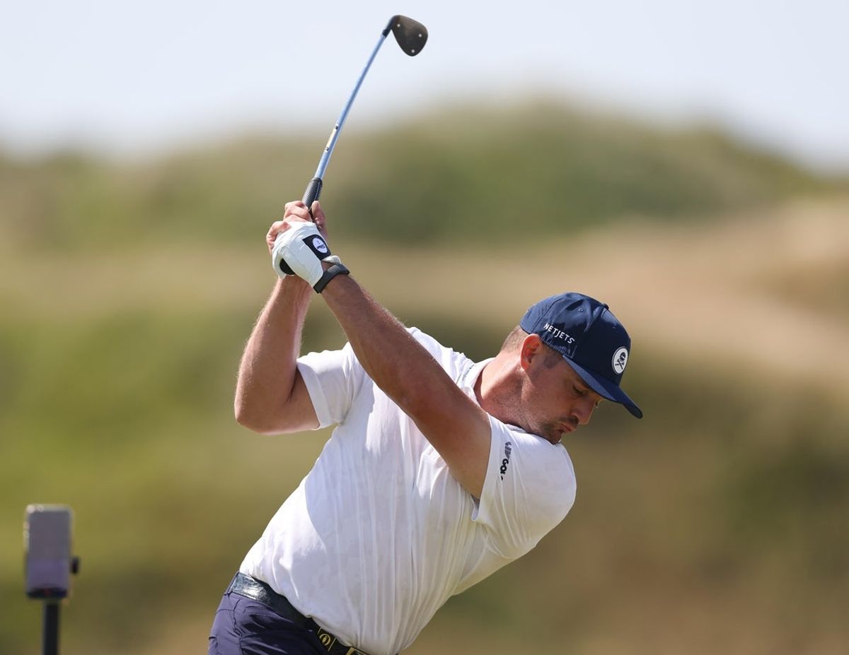 Jul 13, 2026; Southport, England; Bryson DeChambeau on the practice range during a practice round for The Open Championship golf tournament at Royal Birkdale. Mandatory Credit: Bill Streicher-Imagn Images