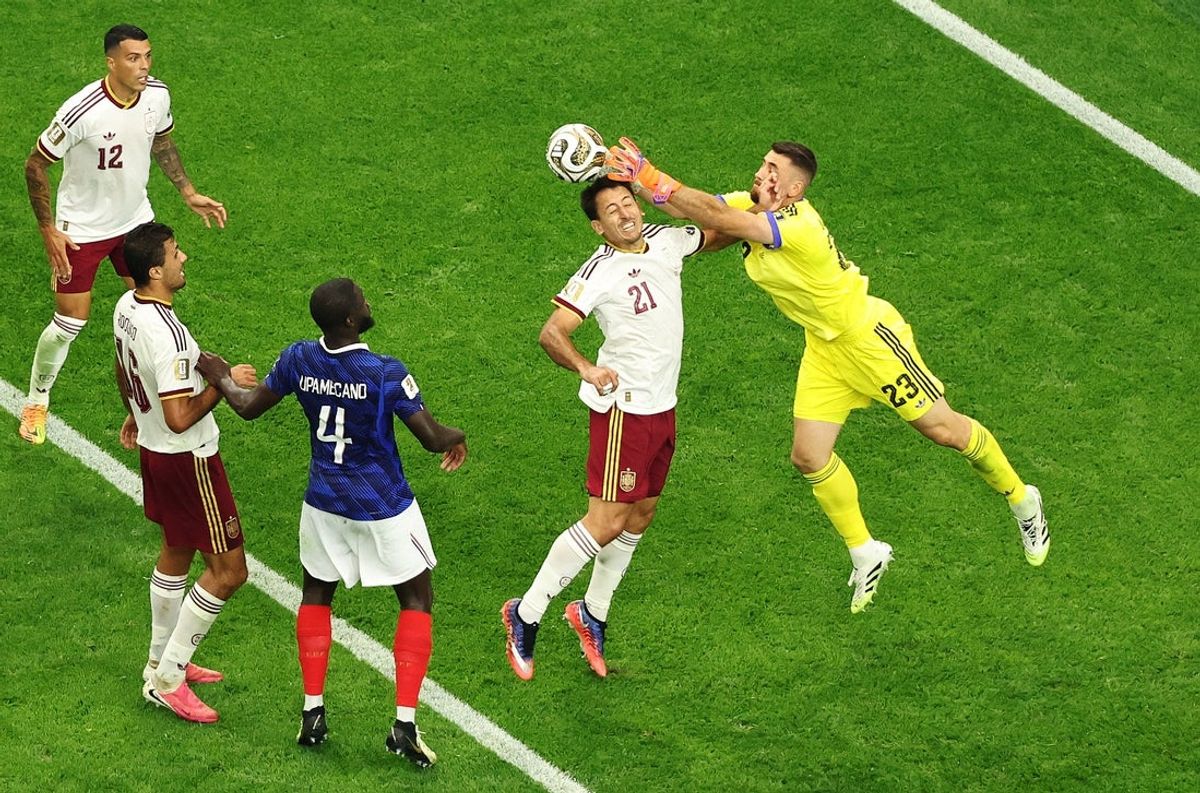 July 14, 2026; Arlington, Texas, U.S.; Spain's Mikel Oyarzabal and Unai Simon in action.  Mandatory Credit: Tim Heitman-Imagn Images
