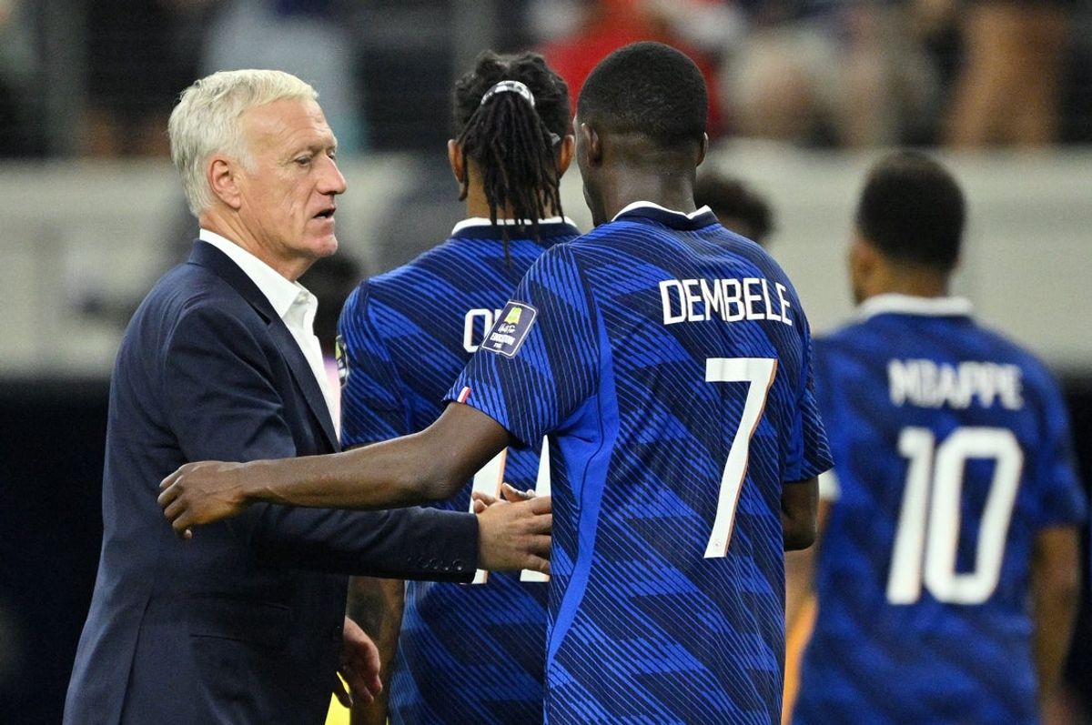 July 14, 2026; Arlington, Texas, U.S.; France coach Didier Deschamps and Ousmane Dembele look dejected after the match as France are eliminated from the World Cup.  Mandatory Credit: Jerome Miron-Imagn Images