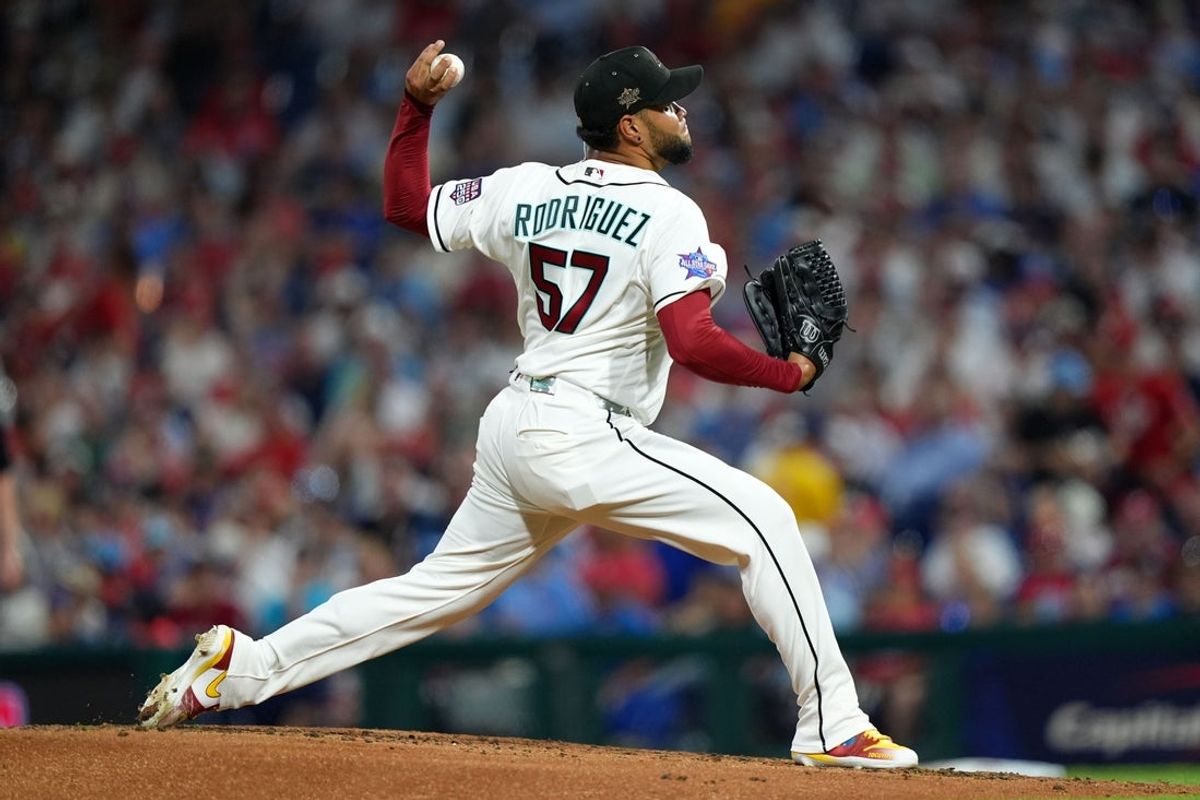 Jul 14, 2026; Philadelphia, Pennsylvania, USA; Arizona Diamondbacks pitcher Eduardo Rodriguez (57) pitches during the second inning for the All-Star Game at Citizens Bank Park. Mandatory Credit: Kyle Ross-Imagn Images