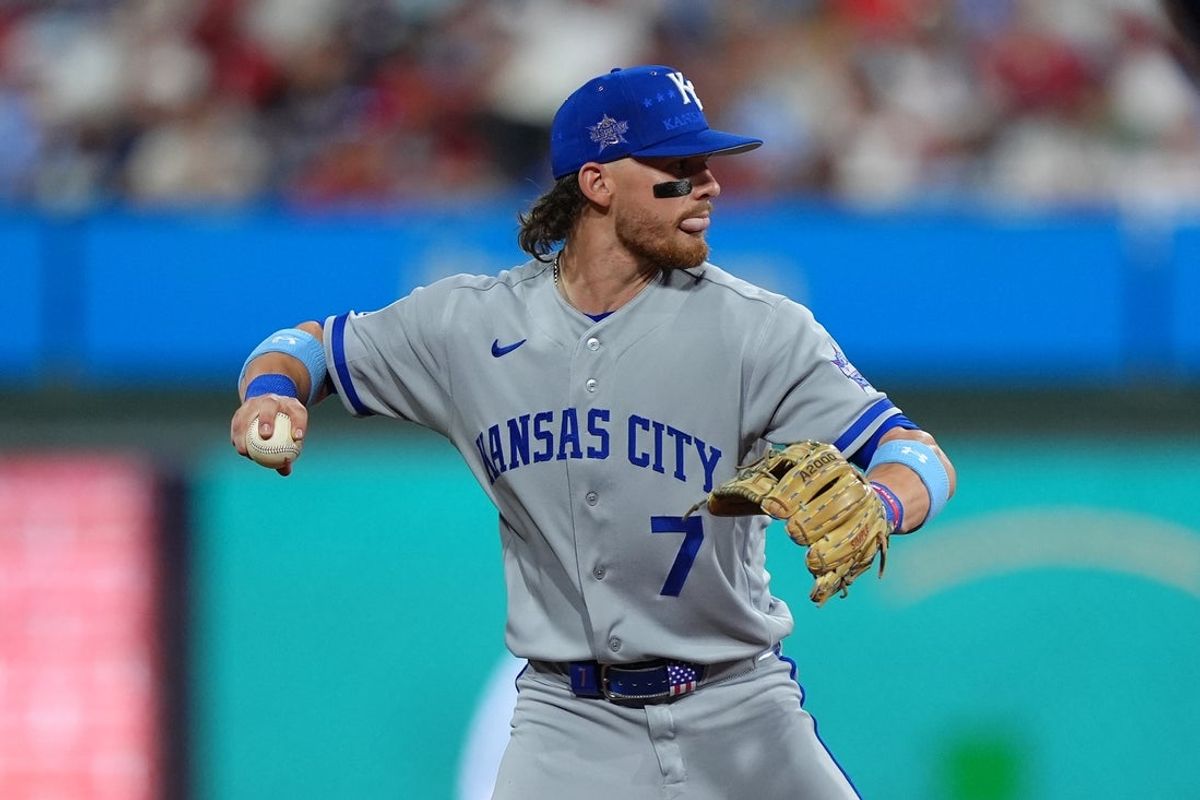 Jul 14, 2026; Philadelphia, Pennsylvania, USA; Kansas City Royals shortstop Bobby Witt Jr. (7) makes a throw to first base during the second inning for the All-Star Game at Citizens Bank Park. Mandatory Credit: Kyle Ross-Imagn Images