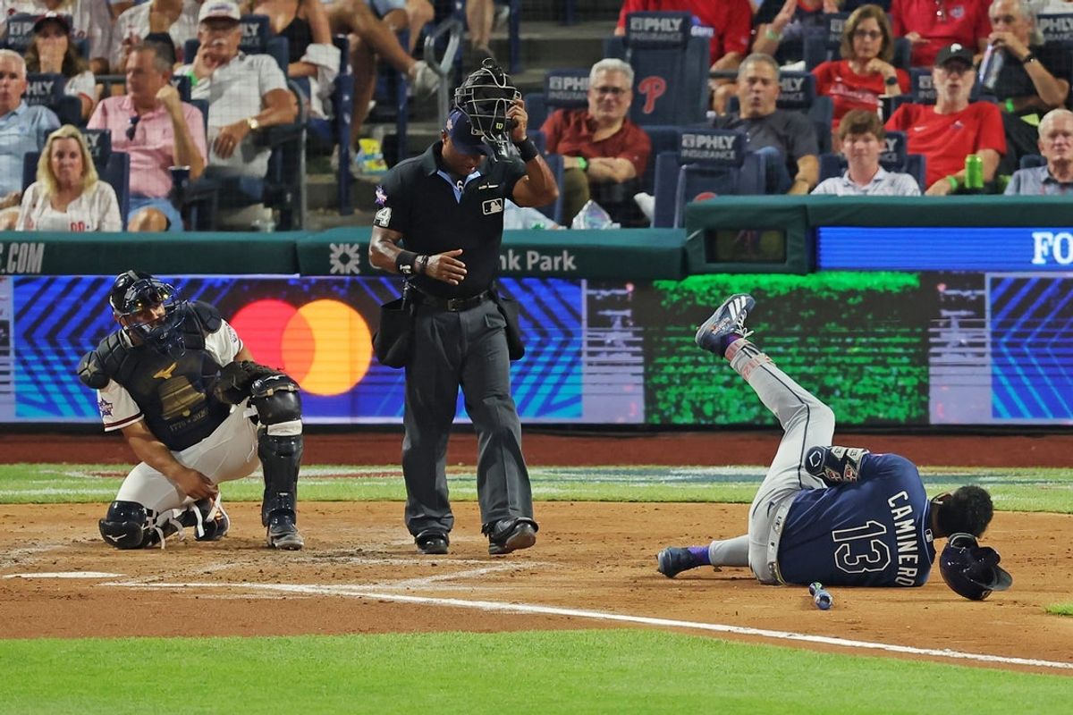 Jul 14, 2026; Philadelphia, Pennsylvania, USA; American League Tampa Bay Rays third baseman Junior Caminero (13) is hit by the pitch during the third inning against the National League at Citizens Bank Park. Mandatory Credit: Brad Penner-Imagn Images