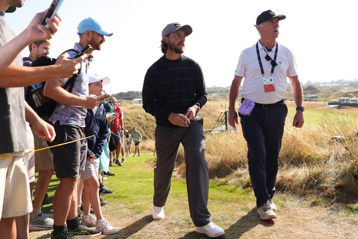 Jul 15, 2026; Southport, England; Tommy Fleetwood walks to the tee box on hole 7 during a practice round for The Open Championship golf tournament at Royal Birkdale. Mandatory Credit: Bill Streicher-Imagn Images