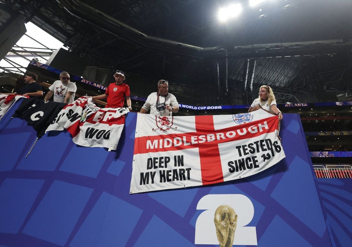 July 15, 2026; Atlanta, Georgia, U.S.; England fans display flags inside the stadium before the match.  Mandatory Credit: Brett Davis-Imagn Images
