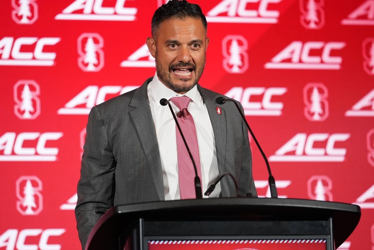 Jul 15, 2026; Charlotte, NC, USA; Stanford head coach Tavita Pritchard  speaks to the media during ACC Media Days at Hilton Charlotte Uptown. Mandatory Credit: Jim Dedmon-Imagn Images