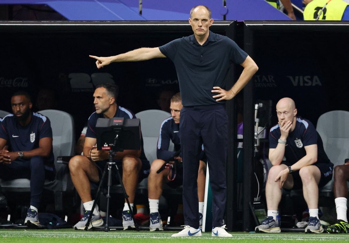 July 15, 2026; Atlanta, Georgia, U.S.; England manager Thomas Tuchel reacts.  Mandatory Credit: Brett Davis-Imagn Images