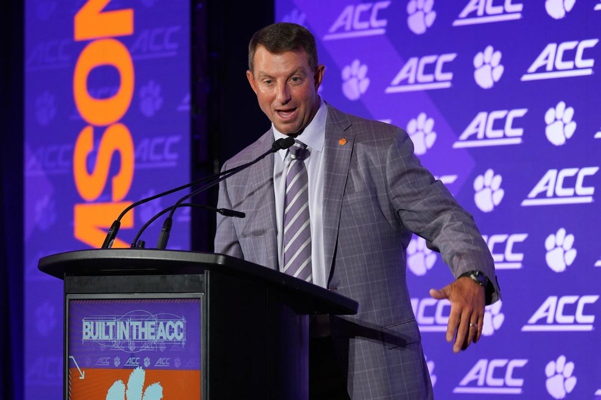 Jul 16, 2026; Charlotte, NC, USA; Clemson head coach Dabo Swinney speaks to the media during Media Day at Hilton Charlotte Uptown. Mandatory Credit: Jim Dedmon-Imagn Images