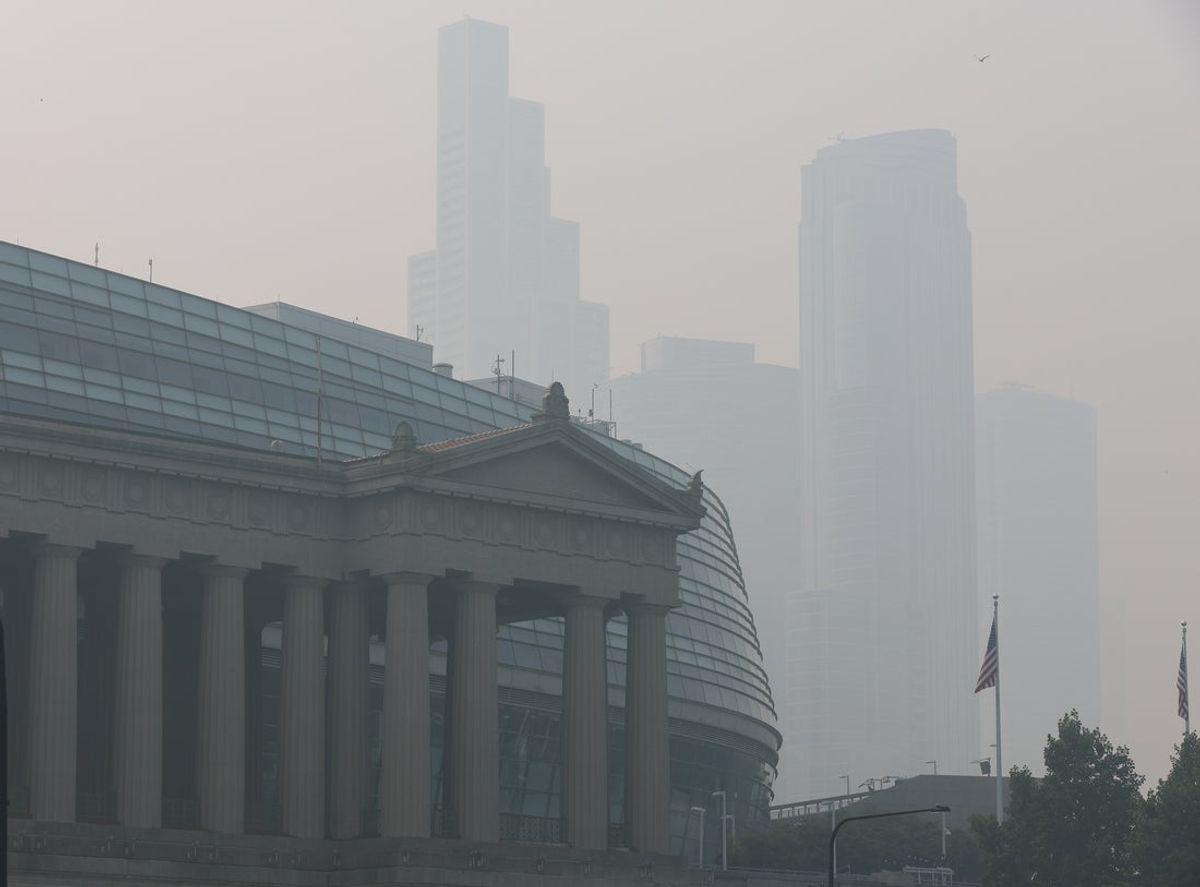 Jul 16, 2026; Chicago, Illinois, USA; Soldier Field and the Chicago skyline are obscured by wildfire smoke. A planned soccer match between the Chicago Fire and Vancouver Whitecaps FC was rescheduled due to poor air quality conditions in the Chicago area. Mandatory Credit: Talia Sprague-Imagn Images