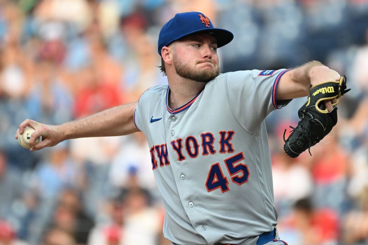 Jul 16, 2026; Philadelphia, Pennsylvania, USA; New York Mets pitcher Christian Scott (45) throws a pitch during the first inning against the Philadelphia Phillies at Citizens Bank Park. Mandatory Credit: Eric Hartline-Imagn Images
