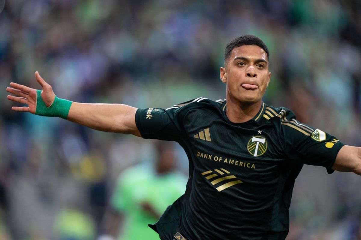 Jul 16, 2026; Seattle, Washington, USA;  Portland Timbers forward Kevin Kelsy (19) celebrates after scoring a goal during the first half against the Seattle Sounders at Lumen Field. Mandatory Credit: Stephen Brashear-Imagn Images