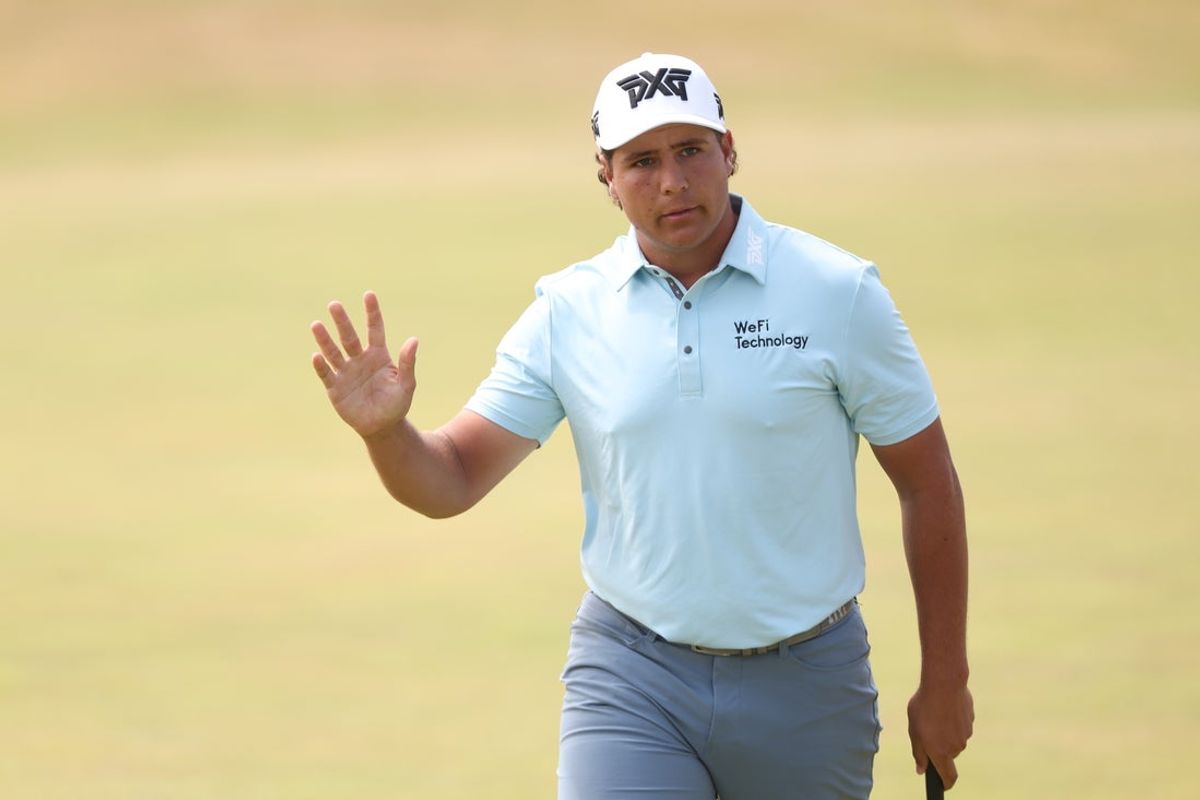 Jul 17, 2026; Southport, ENG; Aldrich Potgieter reacts to his eagle on the 17th green during the second round of The Open Championship golf tournament at Royal Birkdale. Mandatory Credit: Bill Streicher-Imagn Images