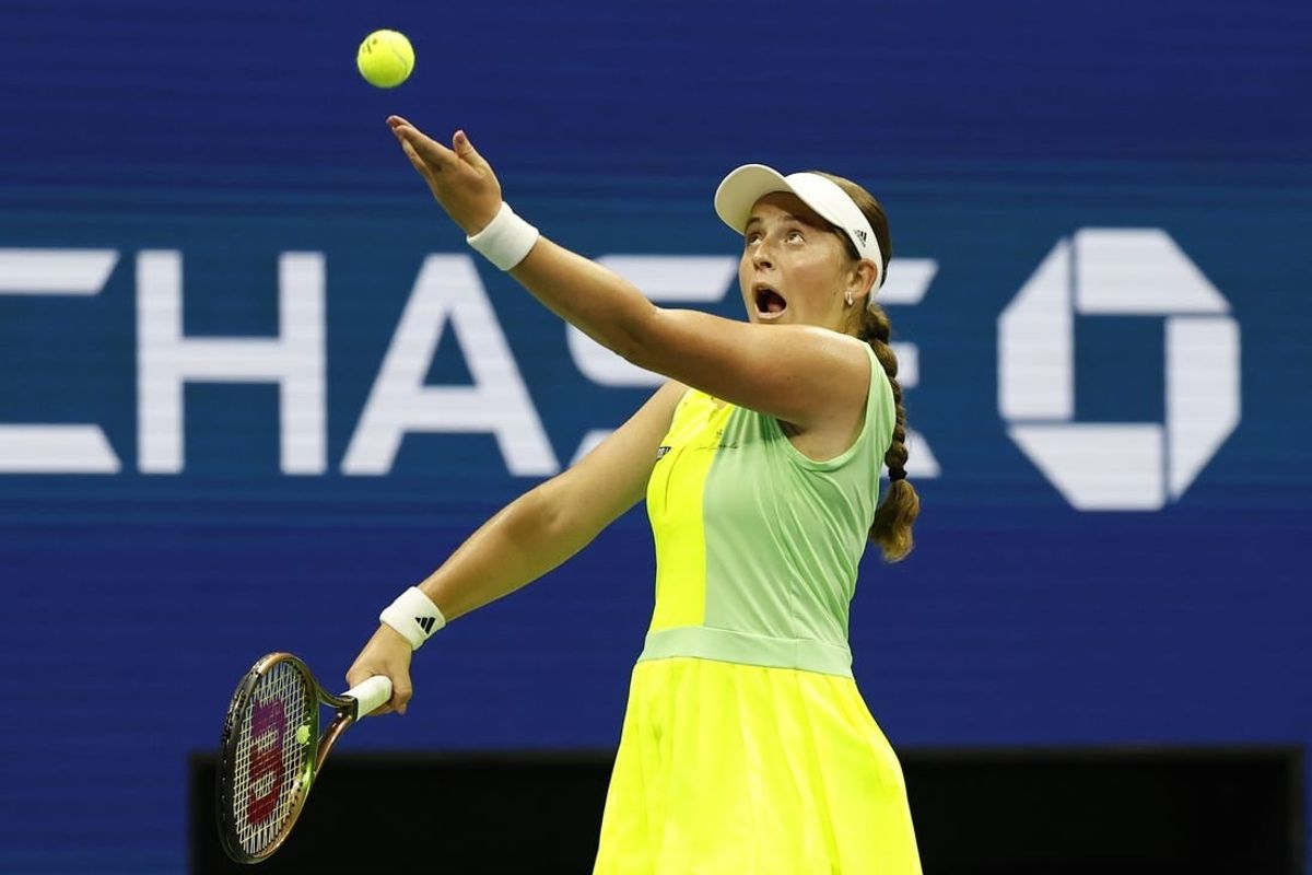 Sep 3, 2023; Flushing, NY, USA; Jelena Ostapenko of Latvia serves against Iga Swiatek of Poland (not pictured) on day seven of the 2023 U.S. Open tennis tournament at USTA Billie Jean King National Tennis Center.