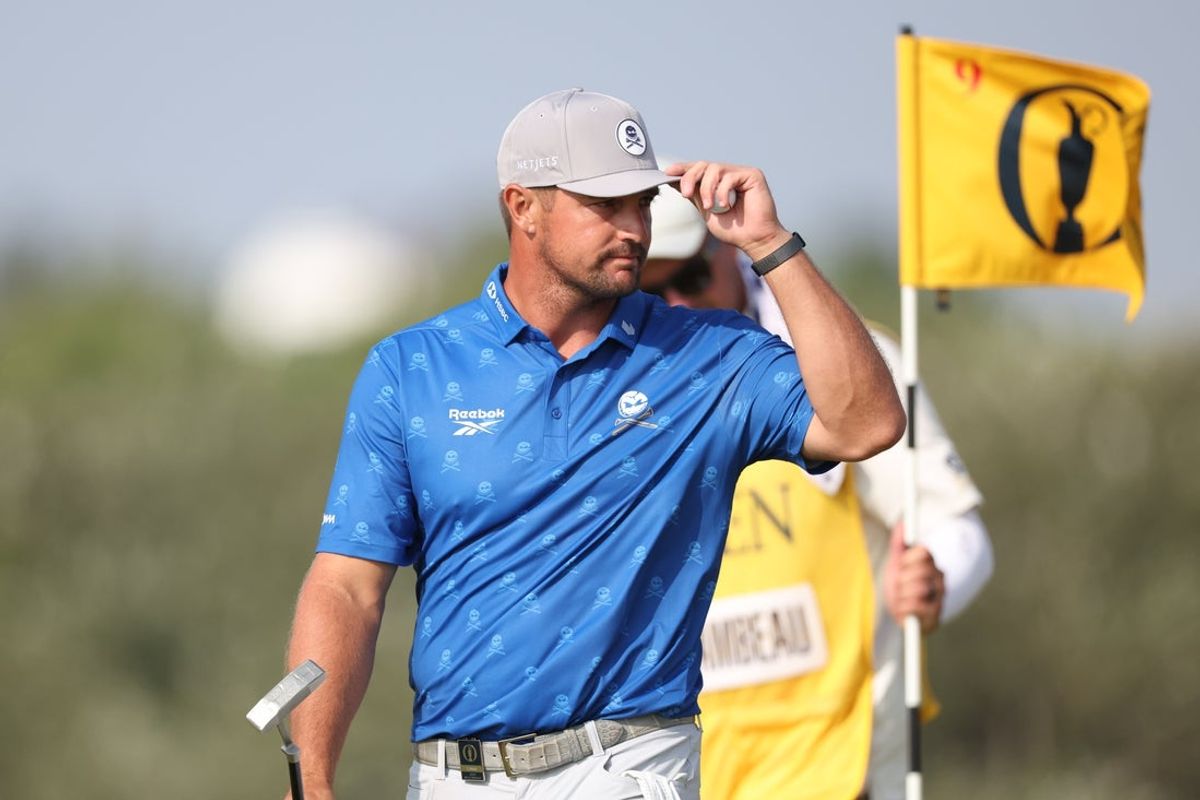 Jul 17, 2026; Southport, ENG; Bryson DeChambeau reacts after making a birdie putt on the ninth green during the second round of The Open Championship golf tournament at Royal Birkdale. Mandatory Credit: Bill Streicher-Imagn Images