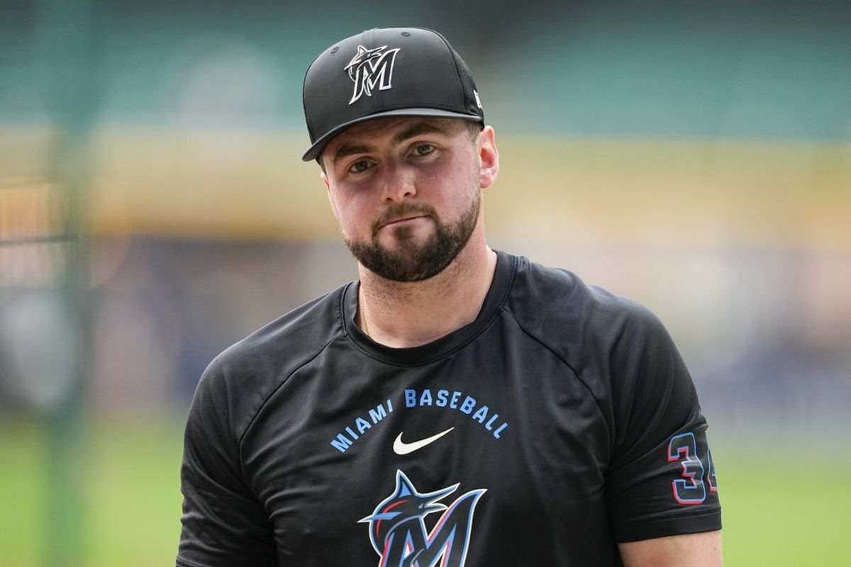 Jul 17, 2026; Milwaukee, Wisconsin, USA;  Miami Marlins catcher Liam Hicks (34) during batting practice prior to the game against the Milwaukee Brewers at American Family Field. Mandatory Credit: Jeff Hanisch-Imagn Images