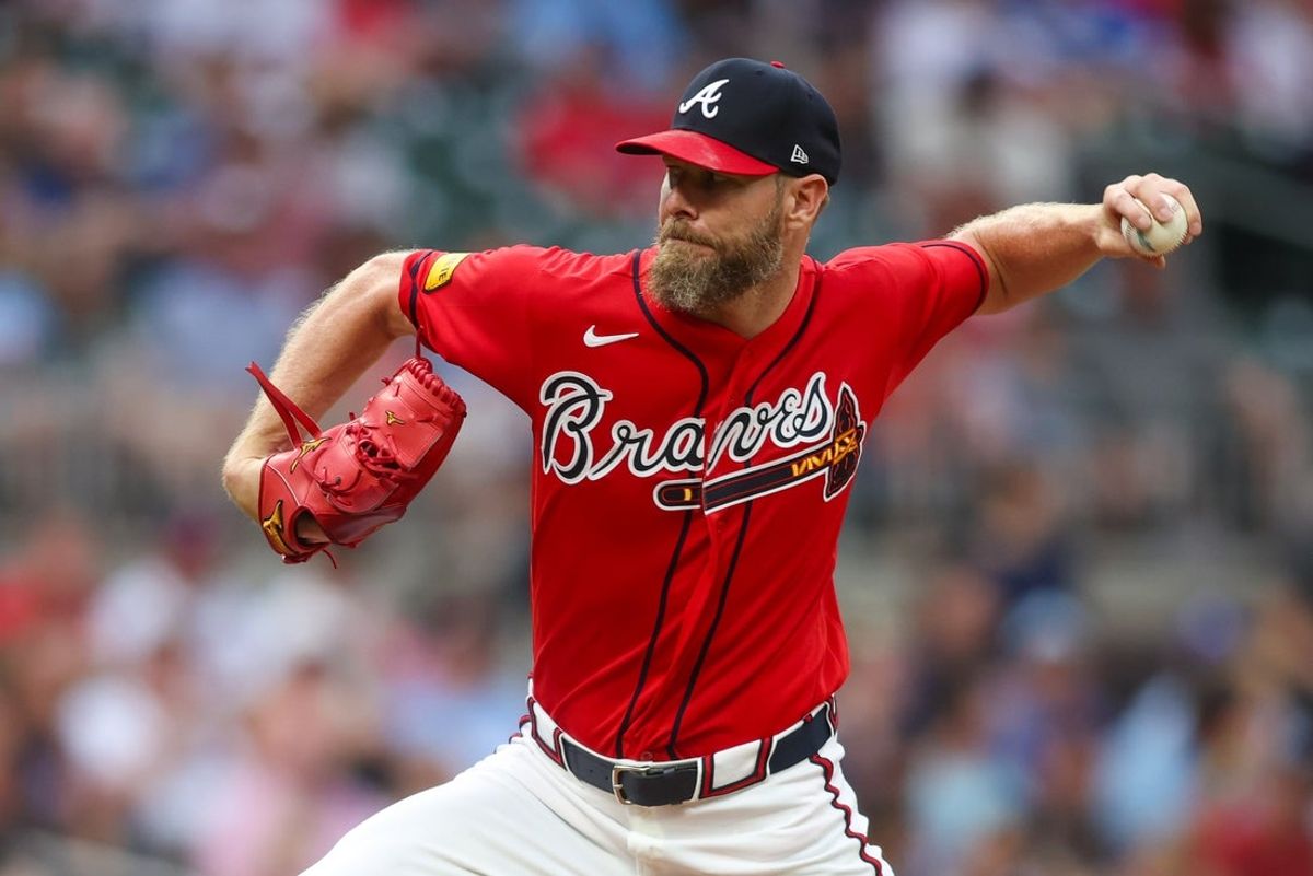Jul 17, 2026; Atlanta, Georgia, USA; Atlanta Braves pitcher Chris Sale (51) throws against the Texas Rangers in the first inning at Truist Park. Mandatory Credit: Brett Davis-Imagn Images