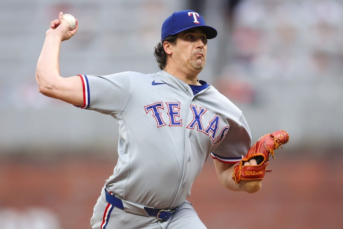 Jul 17, 2026; Atlanta, Georgia, USA; Texas Rangers pitcher Cal Quantrill (44) throws against the Atlanta Braves in the first inning at Truist Park. Mandatory Credit: Brett Davis-Imagn Images