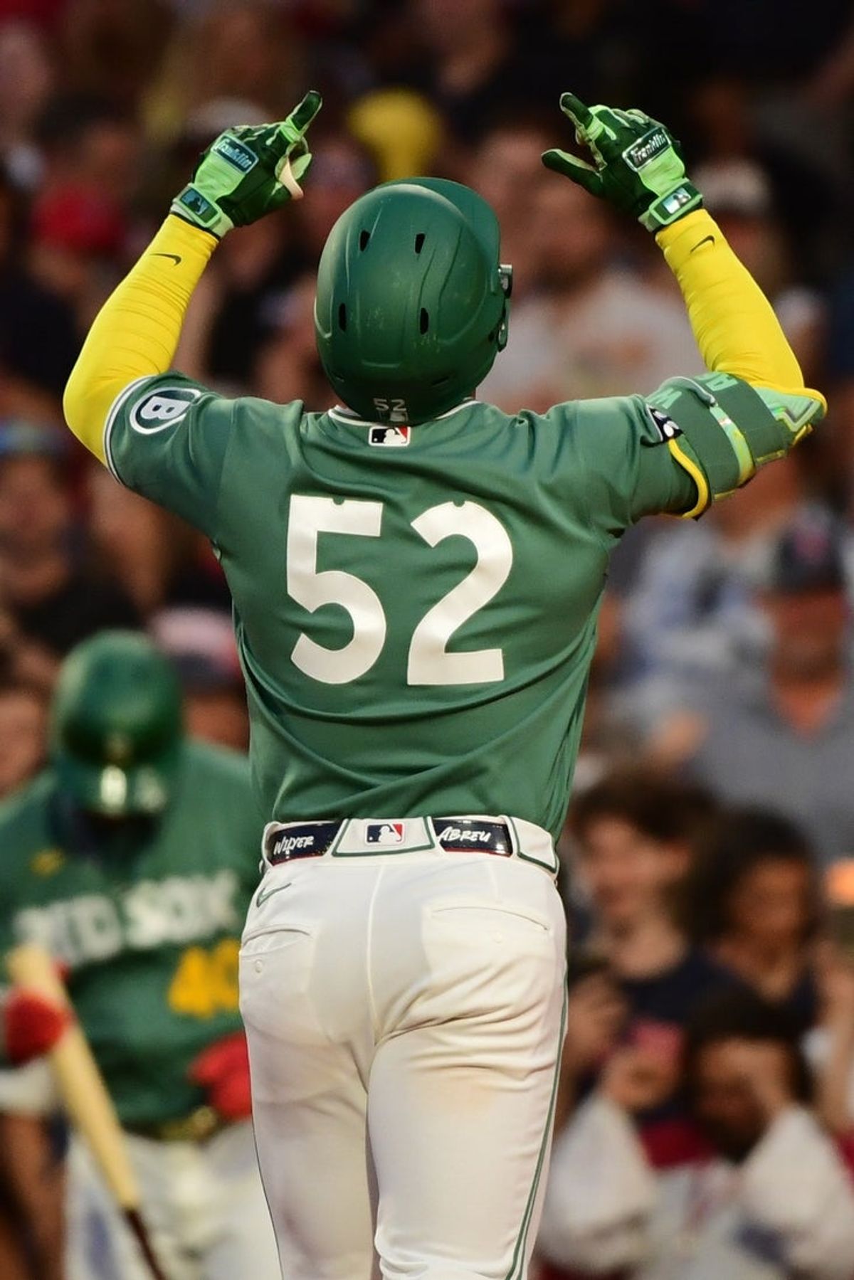 Jul 17, 2026; Boston, Massachusetts, USA; Boston Red Sox right fielder Wilyer Abreu (52) reacts at home plate after hitting a home run during the third inning against the Tampa Bay Rays at Fenway Park. Mandatory Credit: Bob DeChiara-Imagn Images
