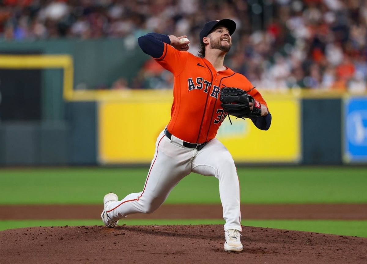 Jul 17, 2026; Houston, Texas, USA; Houston Astros starting pitcher Peter Lambert (38) throws a pitch against the Baltimore Orioles during the second inning at Daikin Park. Mandatory Credit: Thomas Shea-Imagn Images