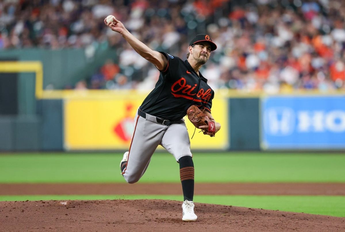 Jul 17, 2026; Houston, Texas, USA;  Baltimore Orioles starting pitcher Dean Kremer (64) throws a pitch against the Houston Astros in the second inning at Daikin Park. Mandatory Credit: Thomas Shea-Imagn Images