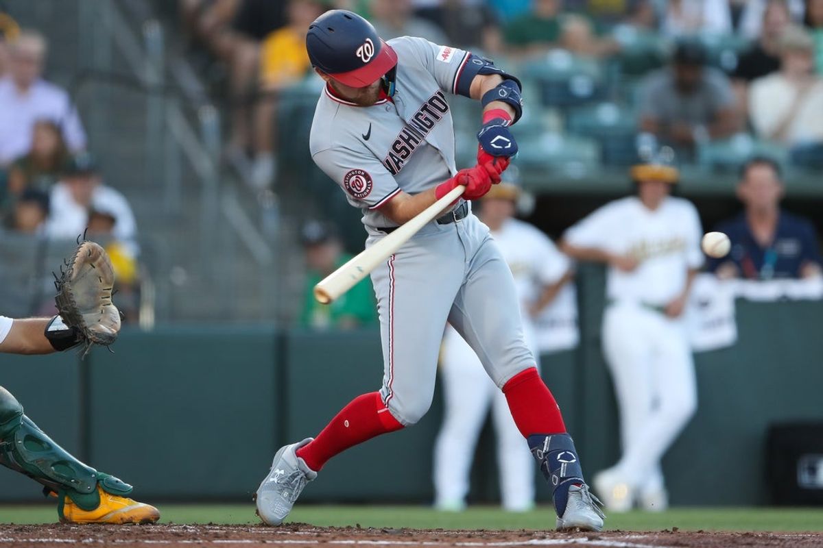 Jul 17, 2026; West Sacramento, California, USA; Washington Nationals third baseman Curtis Mead (45) hits a two RBI double during the third inning against the Athletics at Sutter Health Park. Mandatory Credit: Scott Marshall-Imagn Images