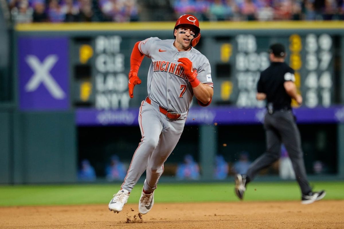 Jul 17, 2026; Denver, Colorado, USA; Cincinnati Reds right fielder Spencer Steer (7) rounds the bases on an inside the park home run in the eighth inning against the Colorado Rockies at Coors Field. Mandatory Credit: Isaiah J. Downing-Imagn Images