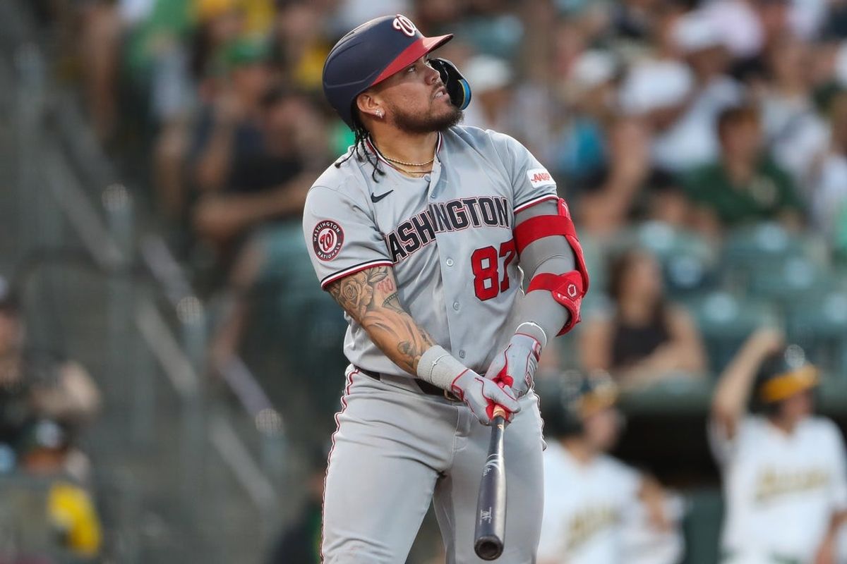 Jul 17, 2026; West Sacramento, California, USA; Washington Nationals first baseman Andres Chaparro (87) watches the ball after hitting a two run homme run during the fifth inning against the Athletics at Sutter Health Park. Mandatory Credit: Scott Marshall-Imagn Images