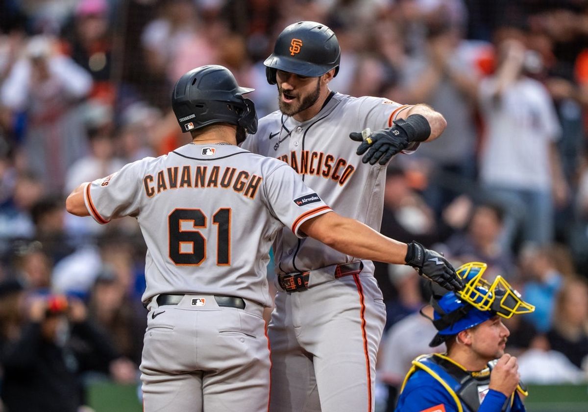 Jul 17, 2026; Seattle, Washington, USA;  San Francisco designated hitter Bryce Eldridge (8), right, celebrates with catcher Drew Cavanaugh (61) after hitting a two-run home run during the fifth inning against the Seattle Marinersat T-Mobile Park. Mandatory Credit: Stephen Brashear-Imagn Images