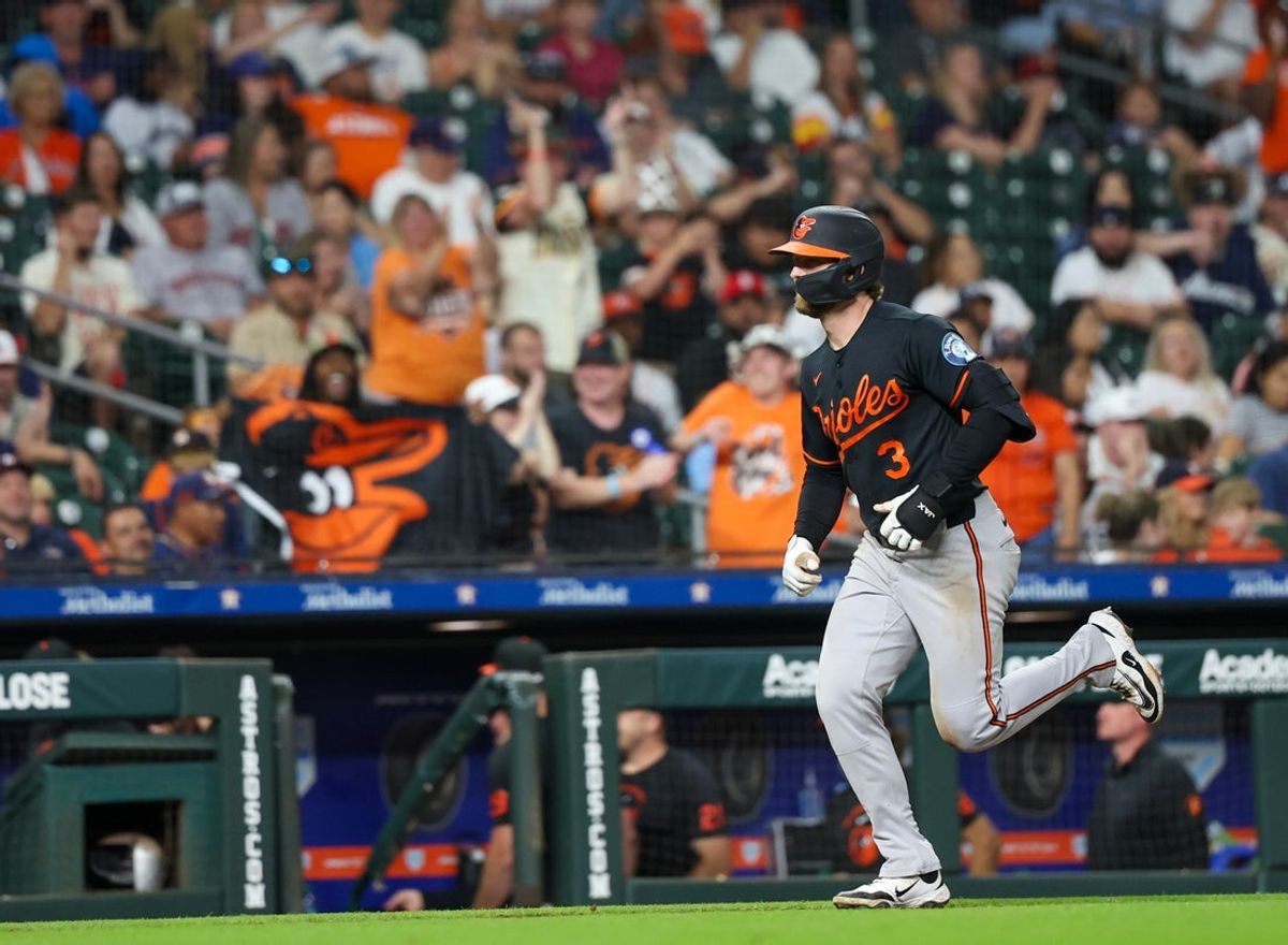 Jul 17, 2026; Houston, Texas, USA; Baltimore Orioles left fielder Taylor Ward (3) runs the bases after hitting a two run home run against the Houston Astros in the eighth inning at Daikin Park. Mandatory Credit: Thomas Shea-Imagn Images