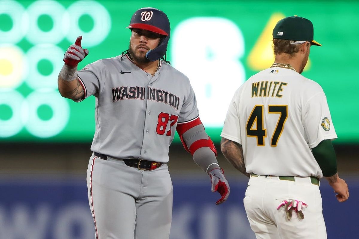 Jul 17, 2026; West Sacramento, California, USA; Washington Nationals first baseman Andres Chaparro (87) acknowledges the dugout after hitting a two RBI single and advancing to second base on an error during the sixth inning against the Athletics at Sutter Health Park. Mandatory Credit: Scott Marshall-Imagn Images