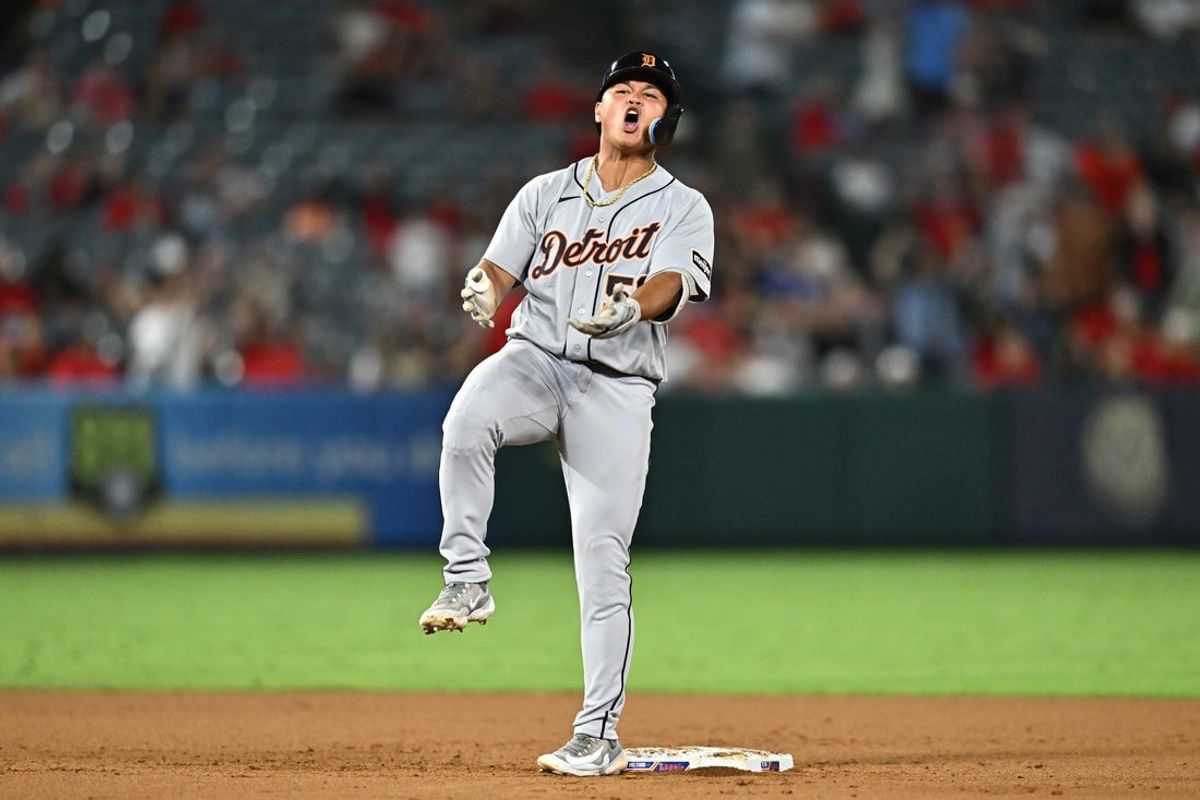Jul 17, 2026; Anaheim, California, USA; Detroit Tigers second baseman Hao-Yu Lee (50) reacts after hitting an RBI double during the ninth inning against the Los Angeles Angels at Angel Stadium. Mandatory Credit: William Liang-Imagn Images