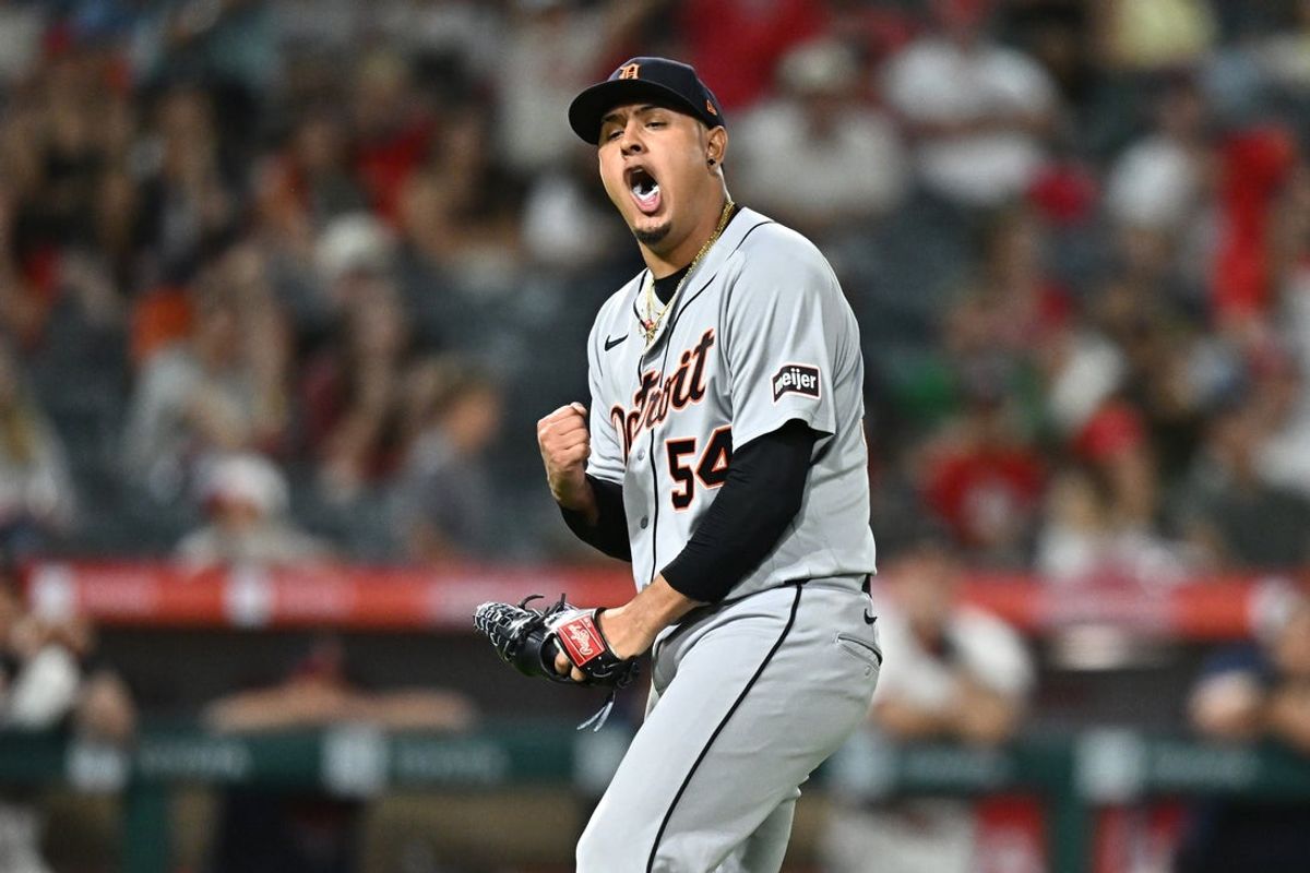Jul 17, 2026; Anaheim, California, USA; Detroit Tigers pitcher Keider Montero (54) reacts after defeating the Los Angeles Angels in the ninth inning at Angel Stadium. Mandatory Credit: William Liang-Imagn Images